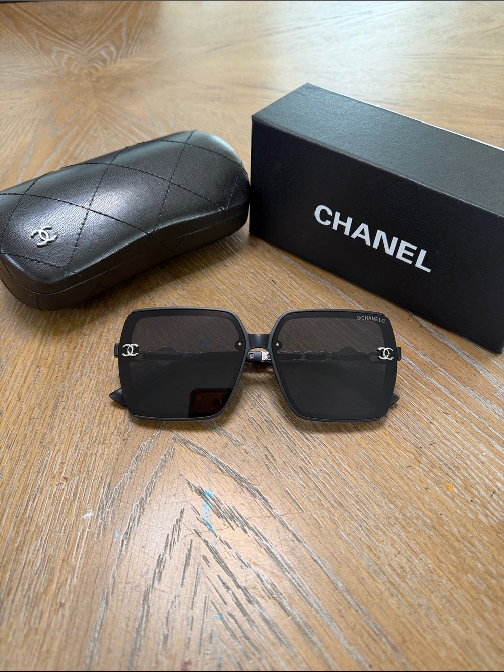 CHANEL Black Oversized Square Sunglasses with Silver CC Accents